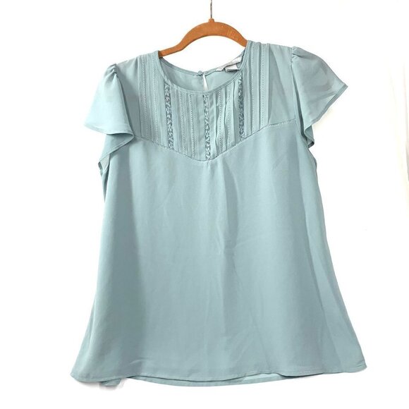 H&M Short Sleeve Blouse Pleated Yoke Keyhole Back Lined Sage Green Sz 10 - Picture 1 of 5